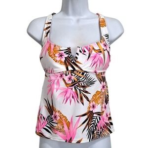 Salt + Cove Tankini‎ Top L White Multi Tropical Floral V-Neck Tie Back Swimwear